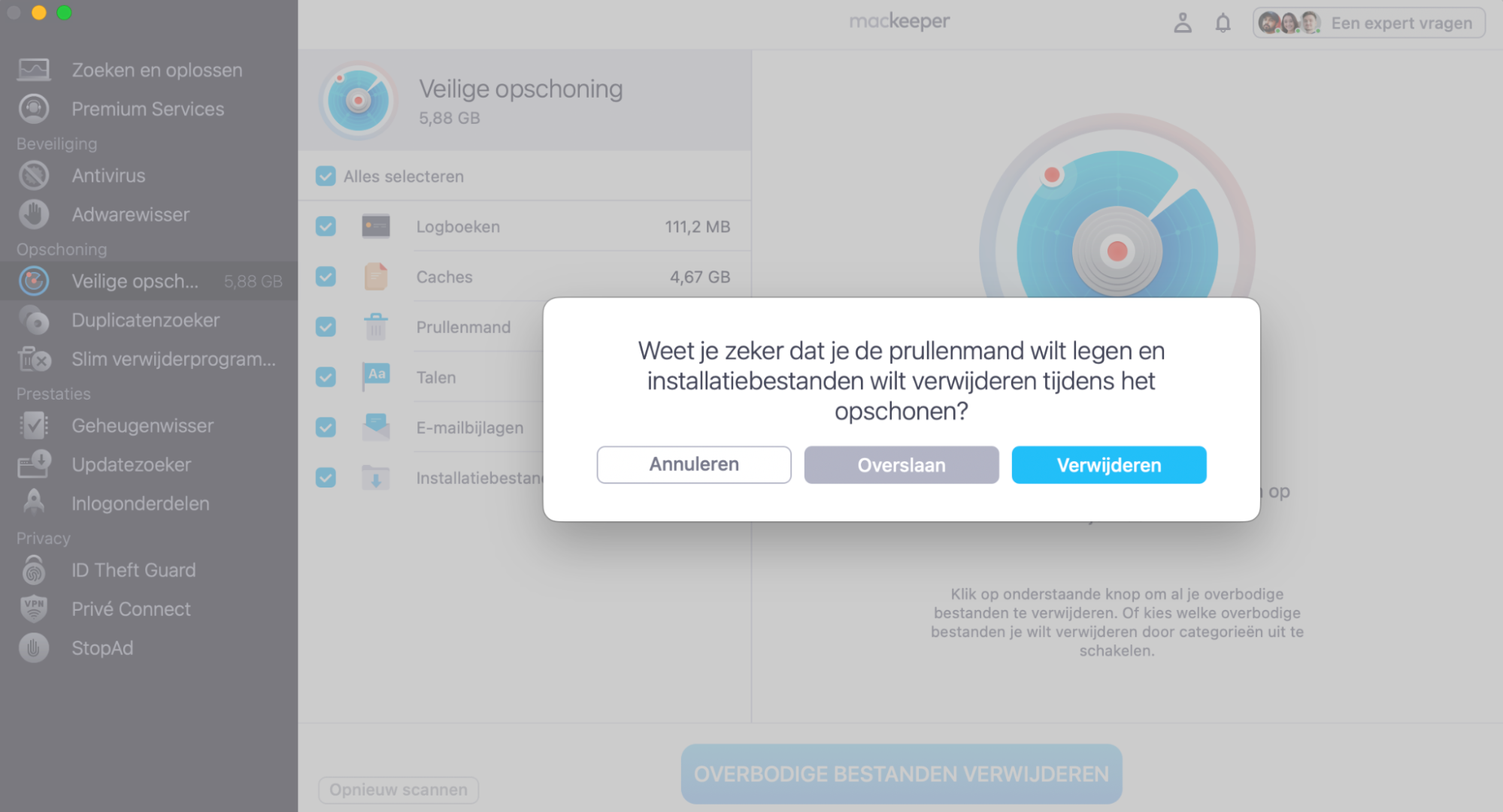 Selecteer Verwijderen als je de Prullenmand wilt legen of selecteer Overslaan als je dat niet wilt doen.