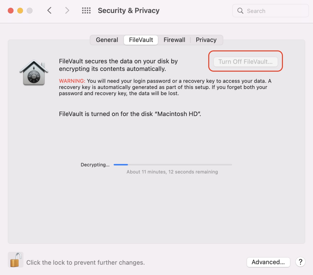 The option to turn off FileVault in System Preferences > Security & Privacy on Mac. Disable FileVault before you reset OS X El Capitan to make things easier.