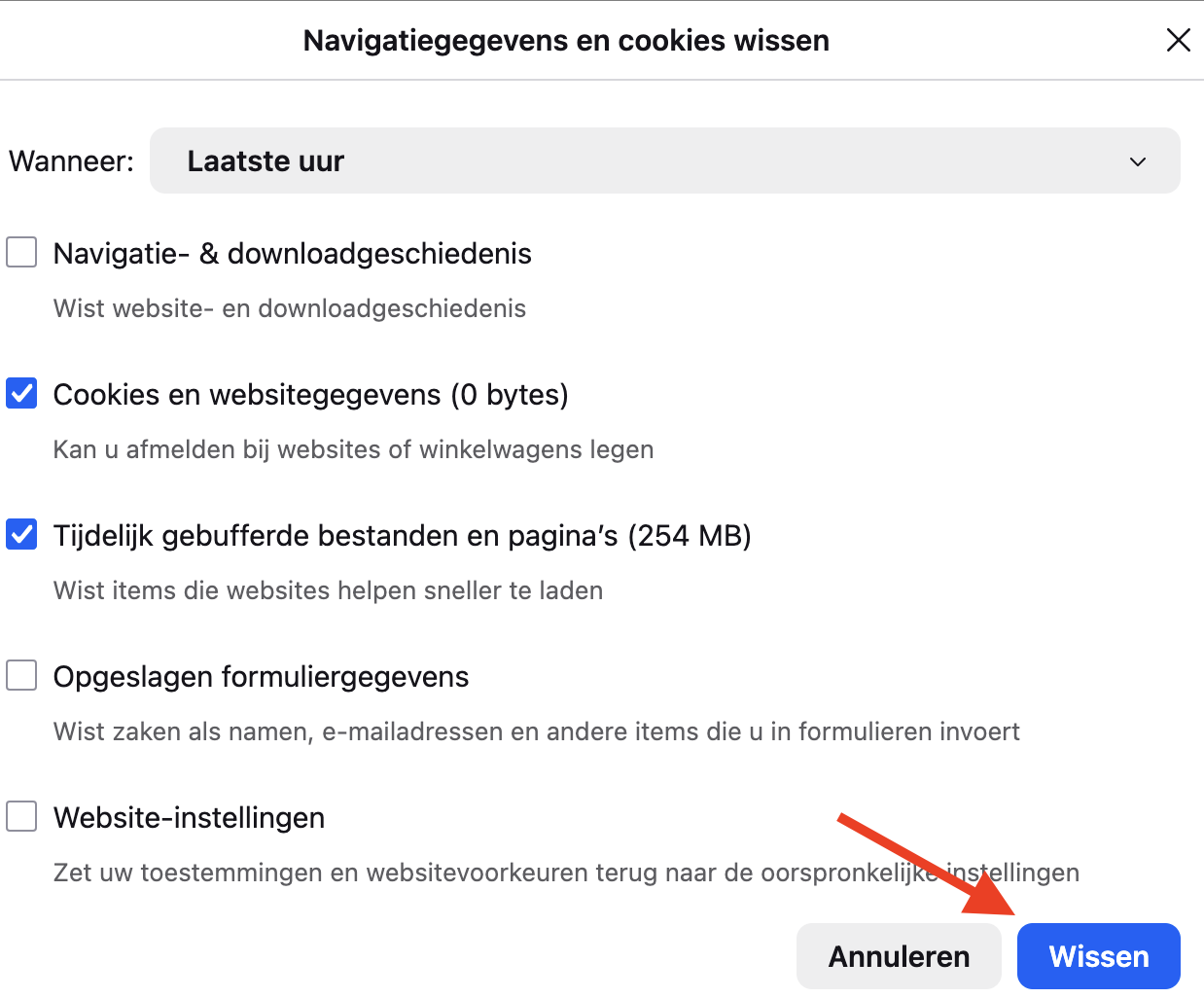 Firefox op de Mac toont het menu ‘Gegevens wissen’. Selecteer de tijdelijke bestanden die je wilt verwijderen en klik op ‘Wissen’.