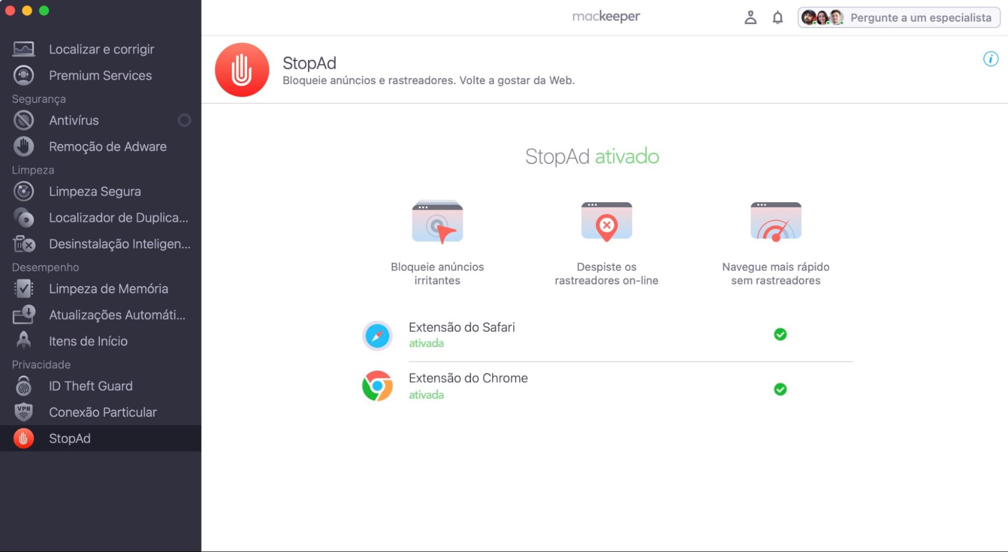 Tela StopAd do MacKeeper, sem opções ativadas no momento. Como usar um bloqueador de anúncios, parte de um guia sobre como parar pop-ups falsos do McAfee no Mac.