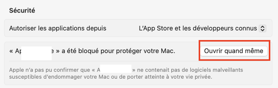 Pour lancer l'application, utilisez l'option Ouvrir quand même. Dans l'onglet Confidentialité et sécurité, rendez-vous dans Sécurité, puis cliquez sur Ouvrir quand même.
