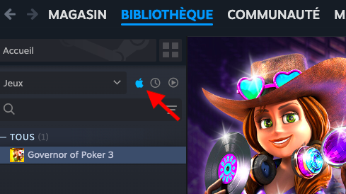 La Bibliothèque de Steam sur Mac affichant le bouton Apple qui permet de montrer les jeux disponibles uniquement sur Mac. Cliquez sur le bouton pour cacher les jeux qui ne sont pas compatibles sur macOS.