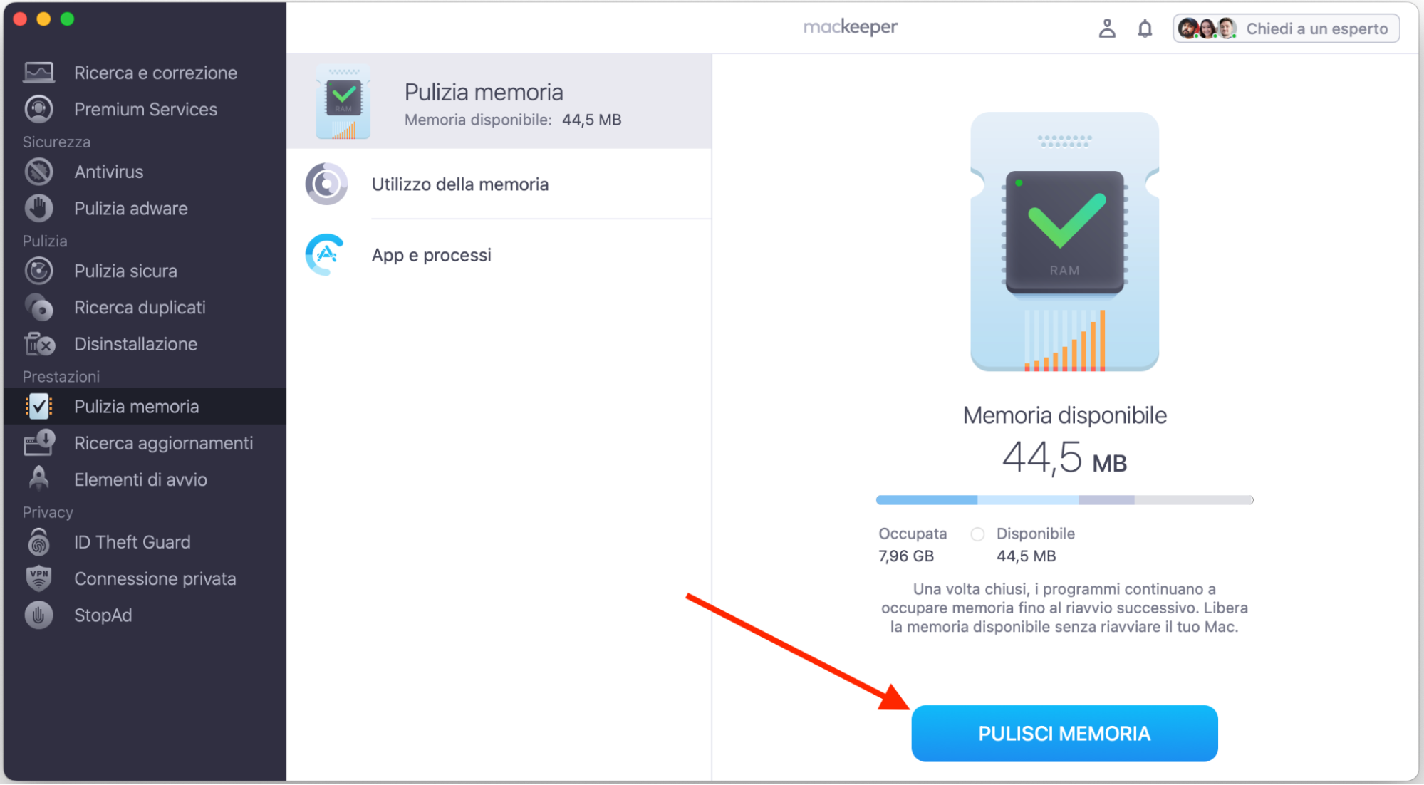 Lo strumento Pulizia Memoria in MacKeeper su Mac mostra le statistiche della memoria. Fai clic su Pulisci memoria per rimuovere dalla RAM del Mac tutti i dati non necessari.