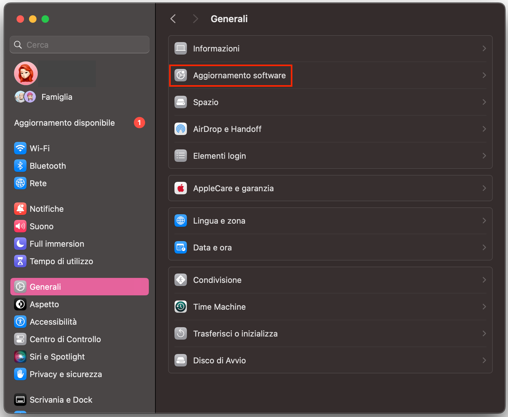 Nelle Impostazioni di sistema del tuo computer Apple, trova la sezione Generali e seleziona Aggiornamento software.
