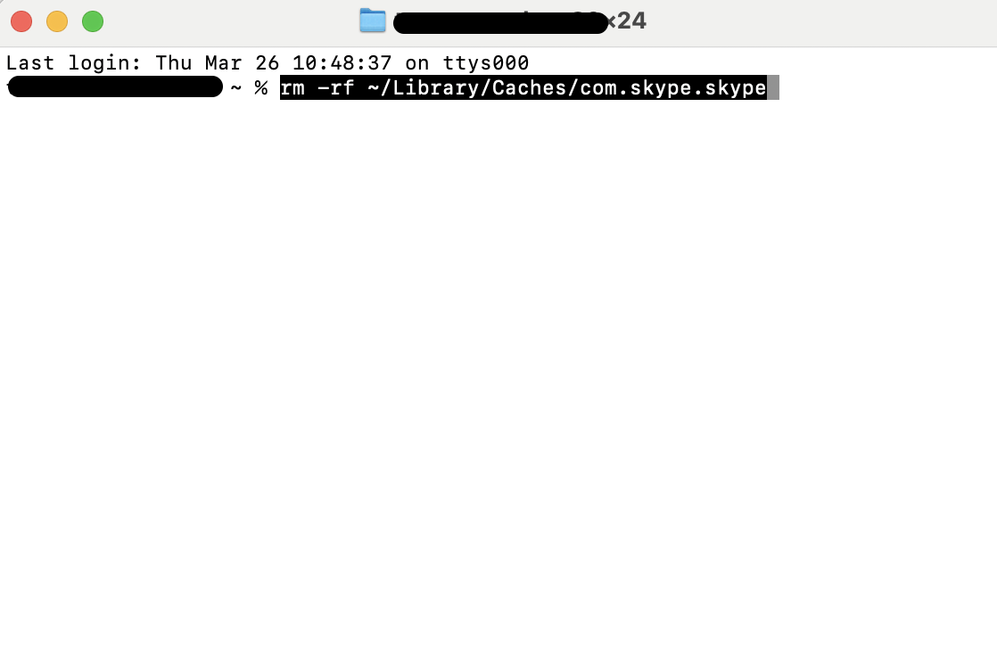 In Terminal, enter the rm -rf command pointing to the Skype cache in your Library folder, then press Return to clear its cached files completely.