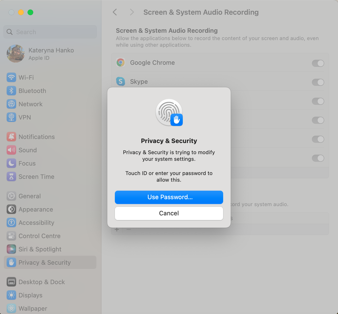 Screen Recording permissions with a prompt for password or Touch ID, finalizing the setup to add Chrome to Security and Privacy on Mac.