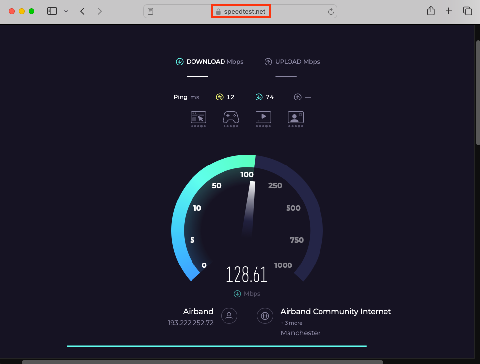 The Speedtest.net website in Safari on Mac. Use a site like this to test your Wi-Fi connection speed and stability when you find that set date and time automatically on Mac is not working.
