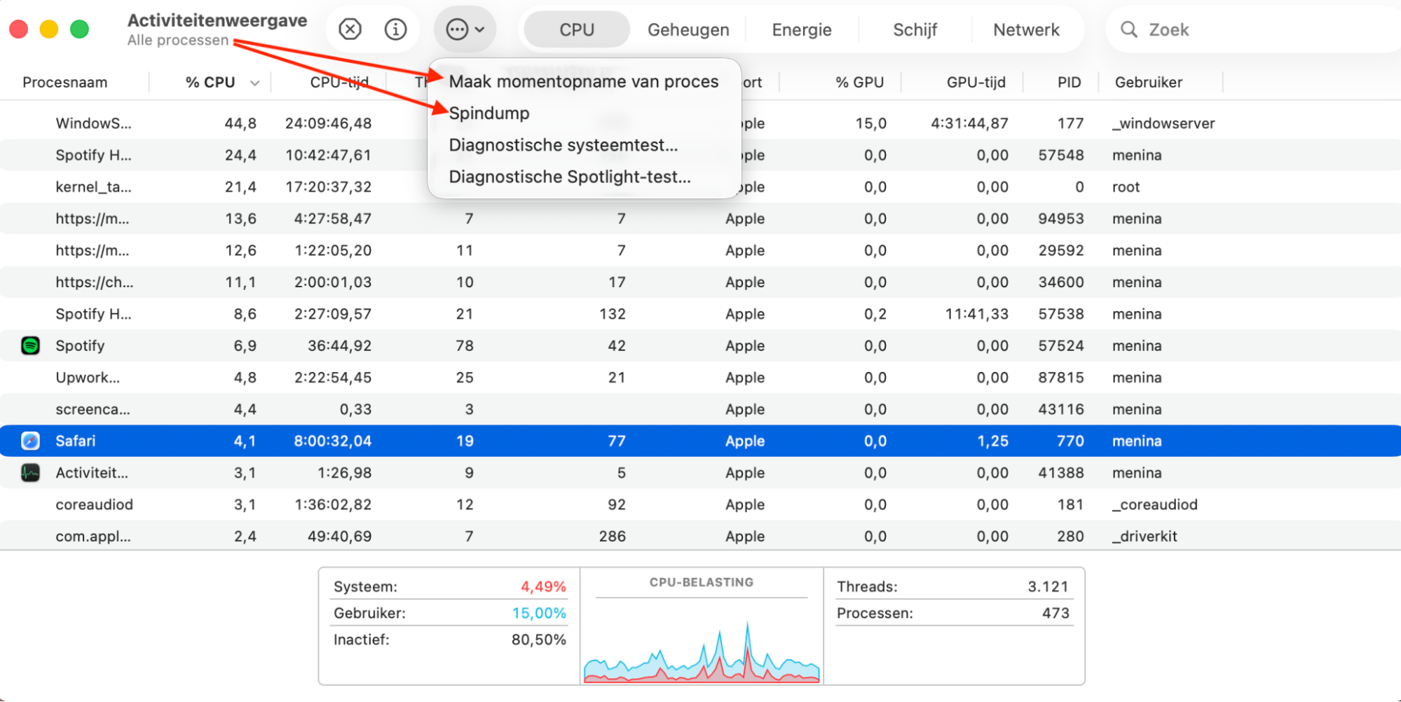 Activiteitenweergave op je Mac toont een lijst met alle actieve processen. Om  Spindump  te starten, selecteer je eerst een proces, open je het menu boven in het venster en klik je vervolgens op  Spindump.