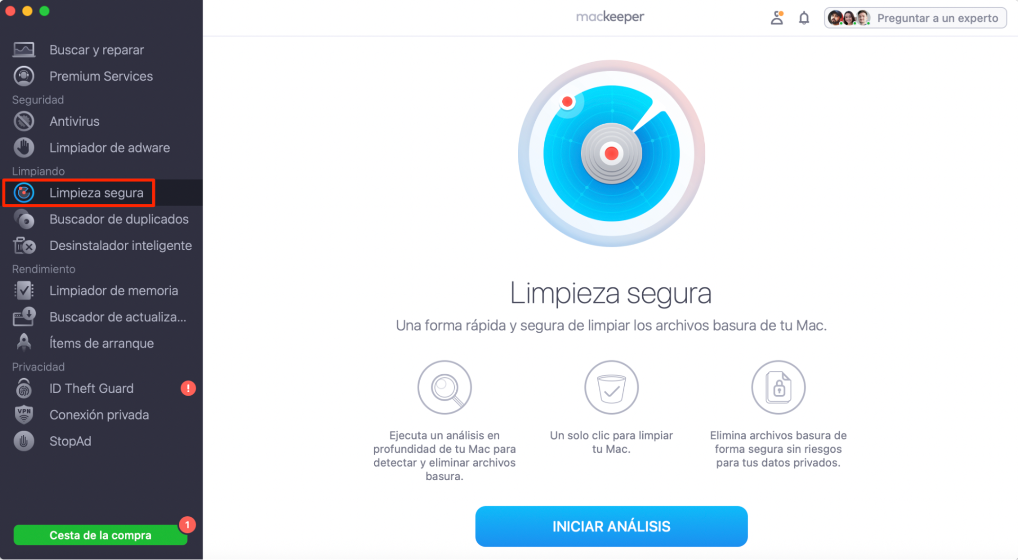 Pantalla de inicio Buscar & Reparar de MacKeeper con Limpieza segura resaltado en la barra lateral. Paso uno para borrar el caché de mail en mac: usar un limpiador de Mac.
