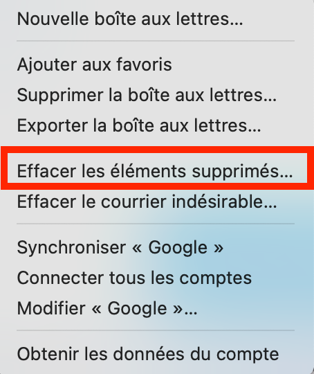 Une partie d'un menu dans l'application Mail. L’option Effacer les éléments supprimés est sélectionnée. Comment supprimer les caches Mail sur Mac : vider la corbeille.