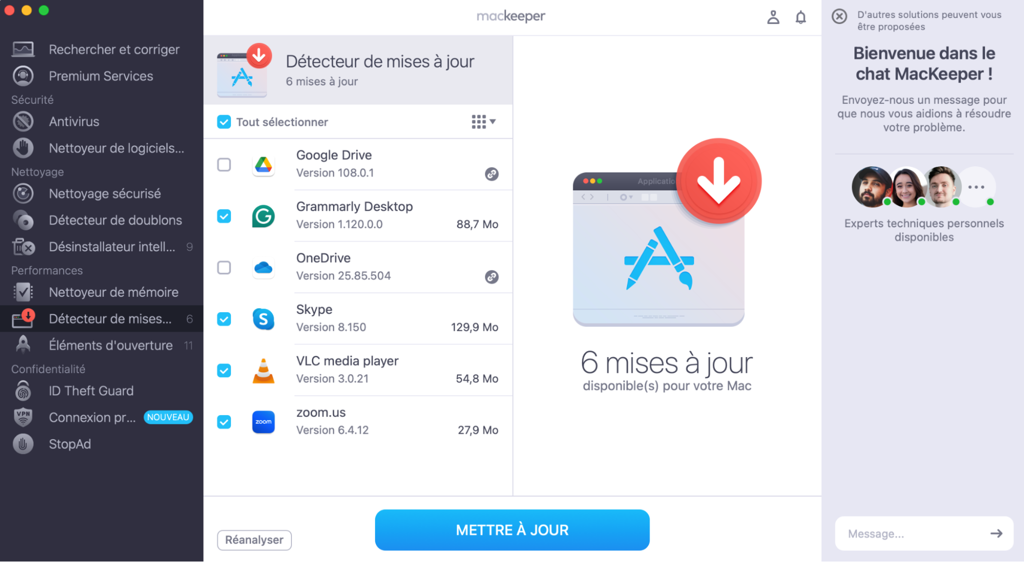 Une fois l’analyse terminée, le Détecteur de mises à jour vous présentera une liste de mises à jour disponibles. Sélectionnez celles qui vous intéressent et cliquez sur Mettre à jour.