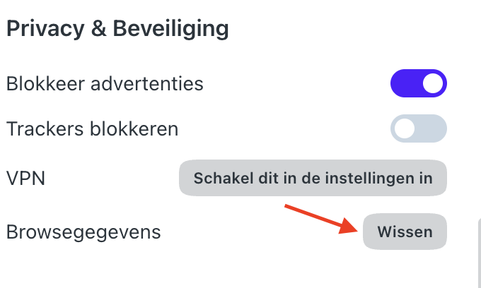 Opera op de Mac toont het menu Instellingen. Klik onder ‘Privacy en beveiliging’ op de knop ‘Wissen’ om cachebestanden te verwijderen.