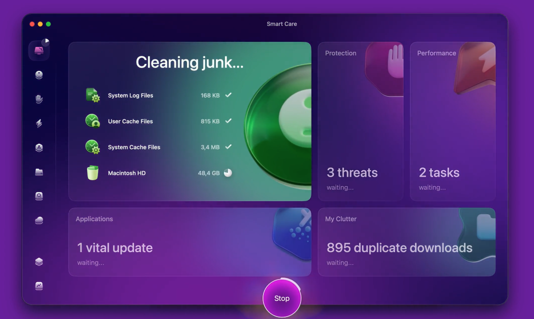CleanMyMac Smart Care window on macOS running a Cleaning junk scan, listing system and user cache files being cleared to speed up your Mac.