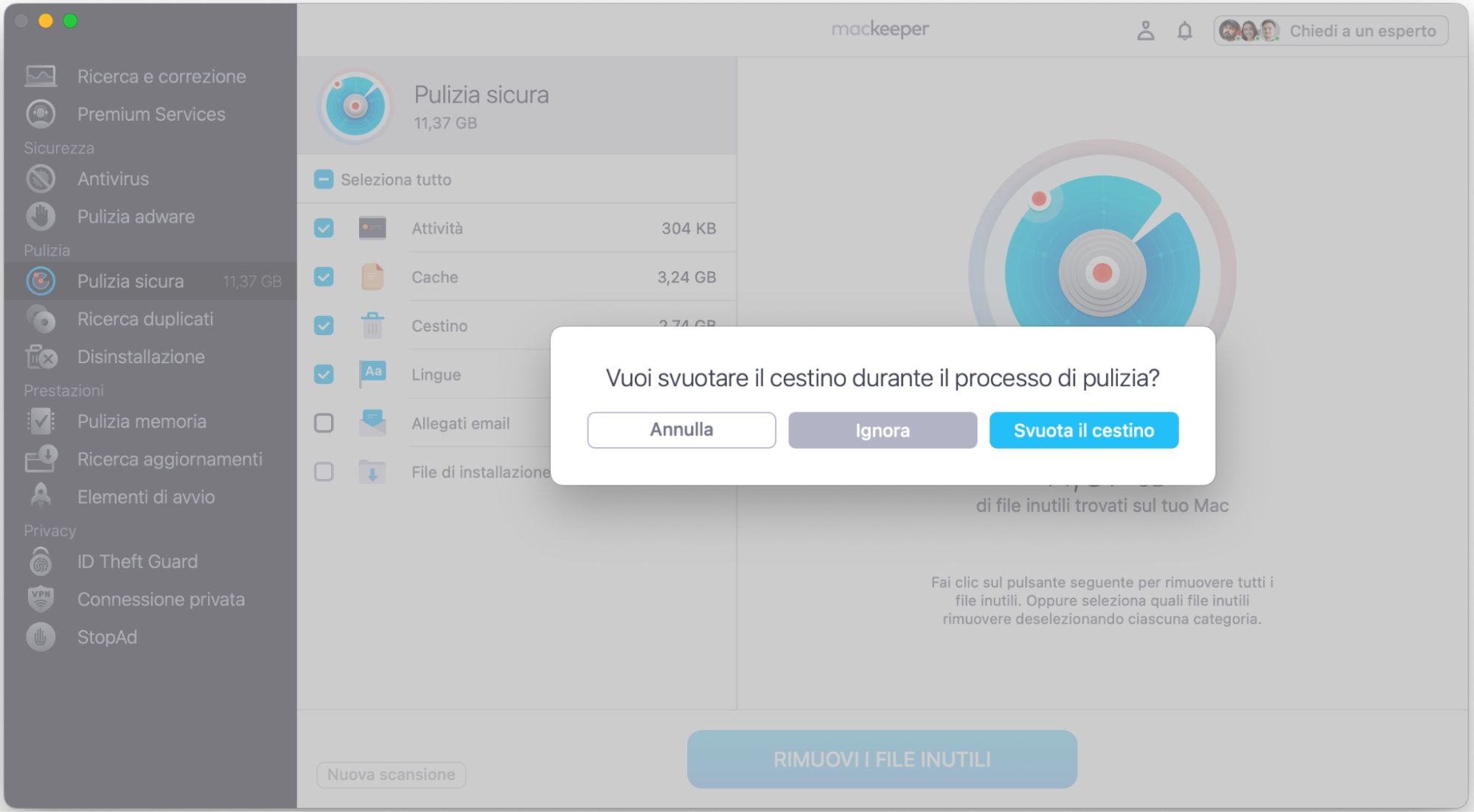 Rimuovi per completare il processo e svuotare il Cestino.