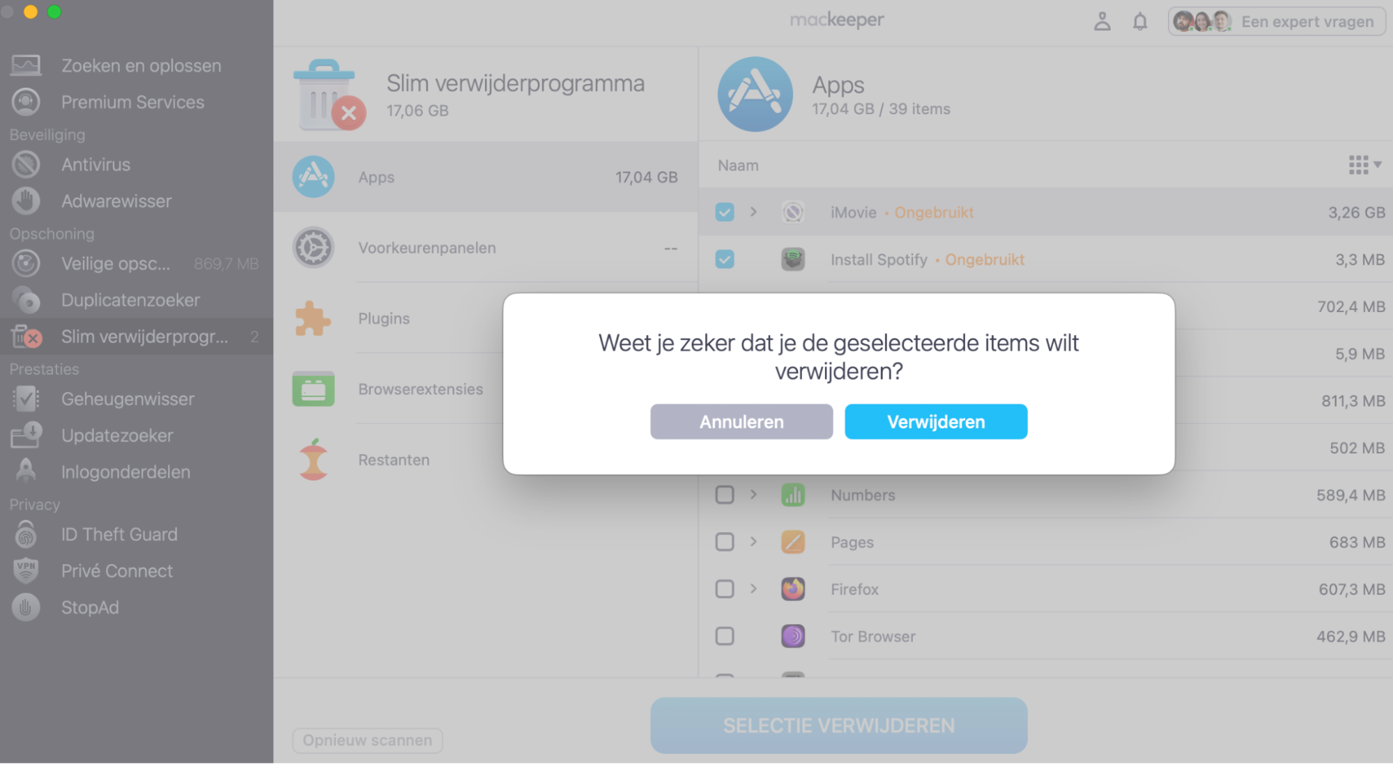 Verwijder apps via het tabblad Toepassingen met de functie Slimme Verwijderprogramma in MacKeeper.