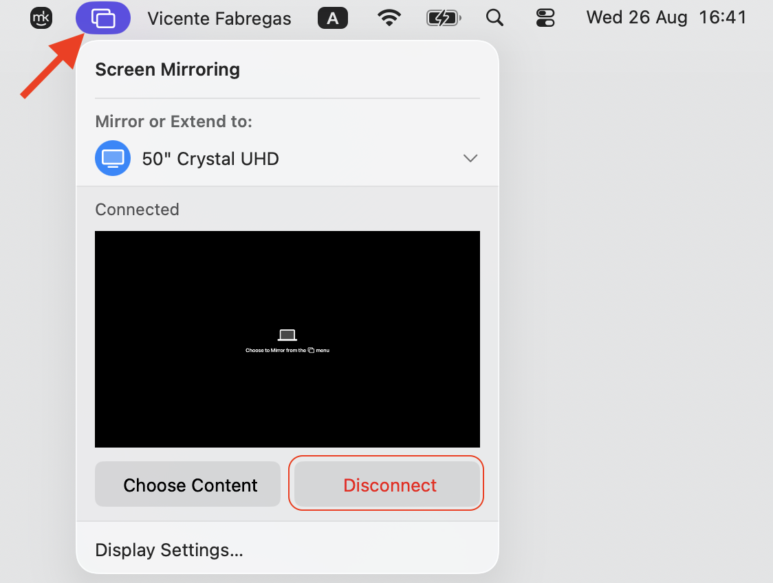 Screen Mirroring menu opened from the blue menu bar icon on a MacBook, with the Disconnect button used to stop mirroring the Mac to Roku.