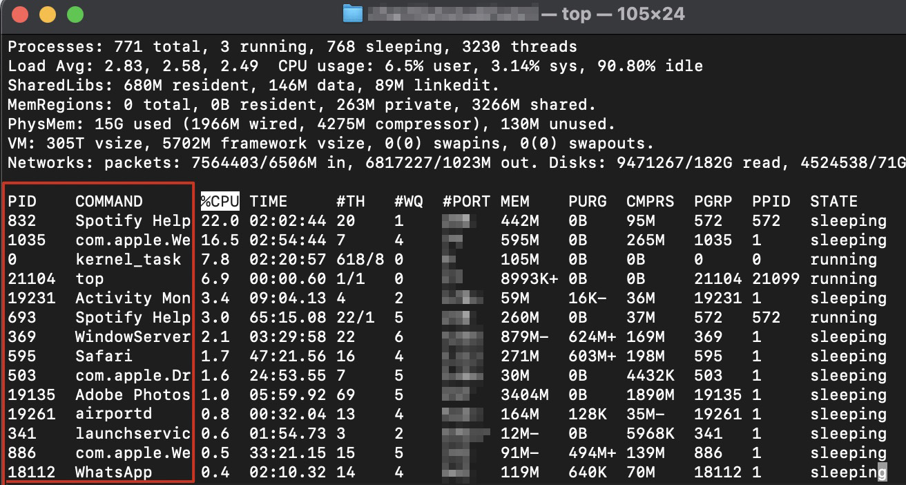 O Terminal no Mac mostra uma lista de todos os processos em execução. Encontre o processo que deseja encerrar e anote o número do PID.
