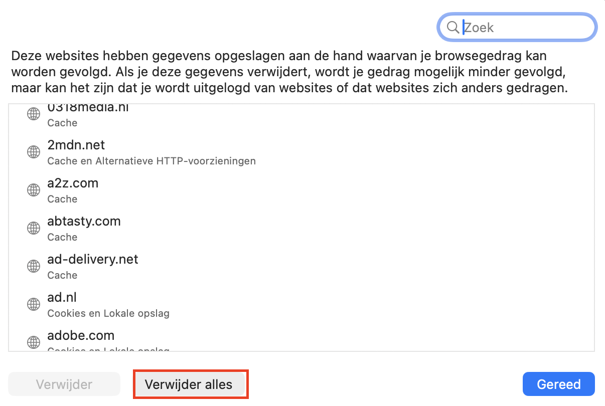 Zodra je in het gedeelte  Beheer websitegegevens bent, selecteer je de websitegegevens die je wilt verwijderen en klik je op  Verwijder alles.