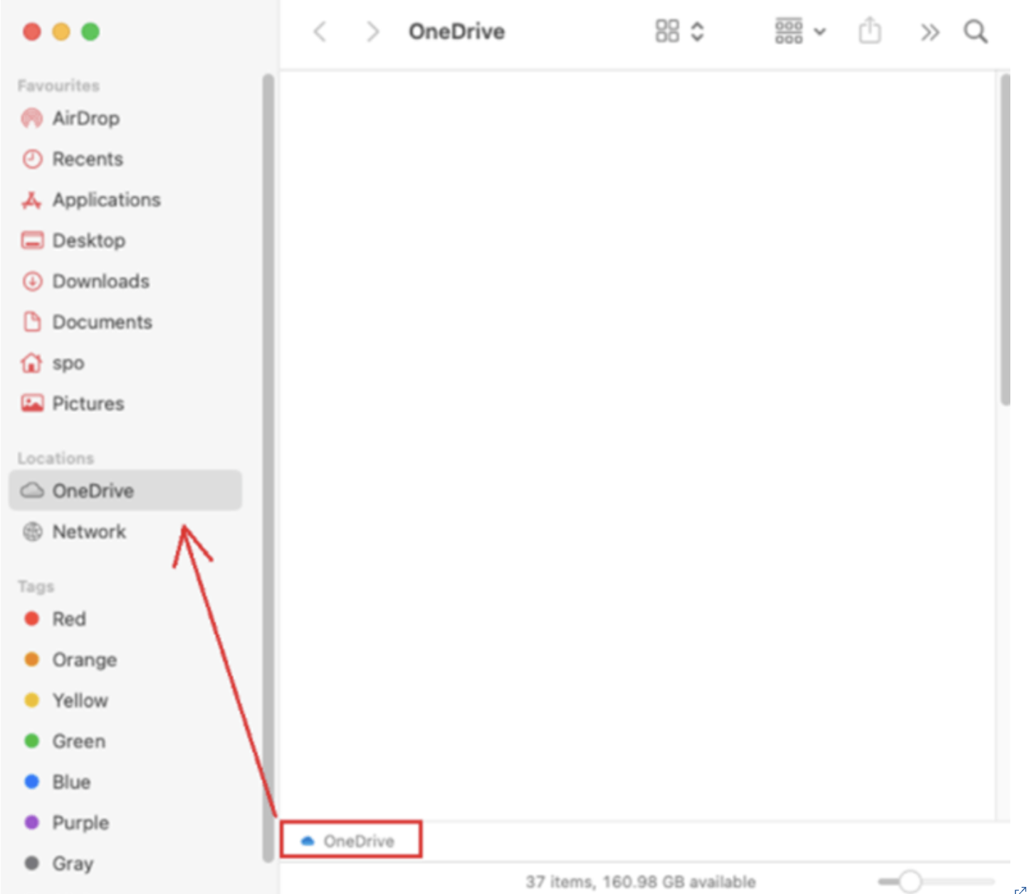 You should now be able to find OneDrive via the Finder sidebar. Open Finder, and under Locations, look for OneDrive.