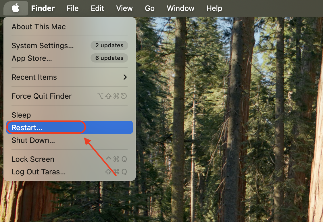 Click the Apple icon in the top-left corner of your screen, then choose Restart from the dropdown menu to reboot your Mac system.