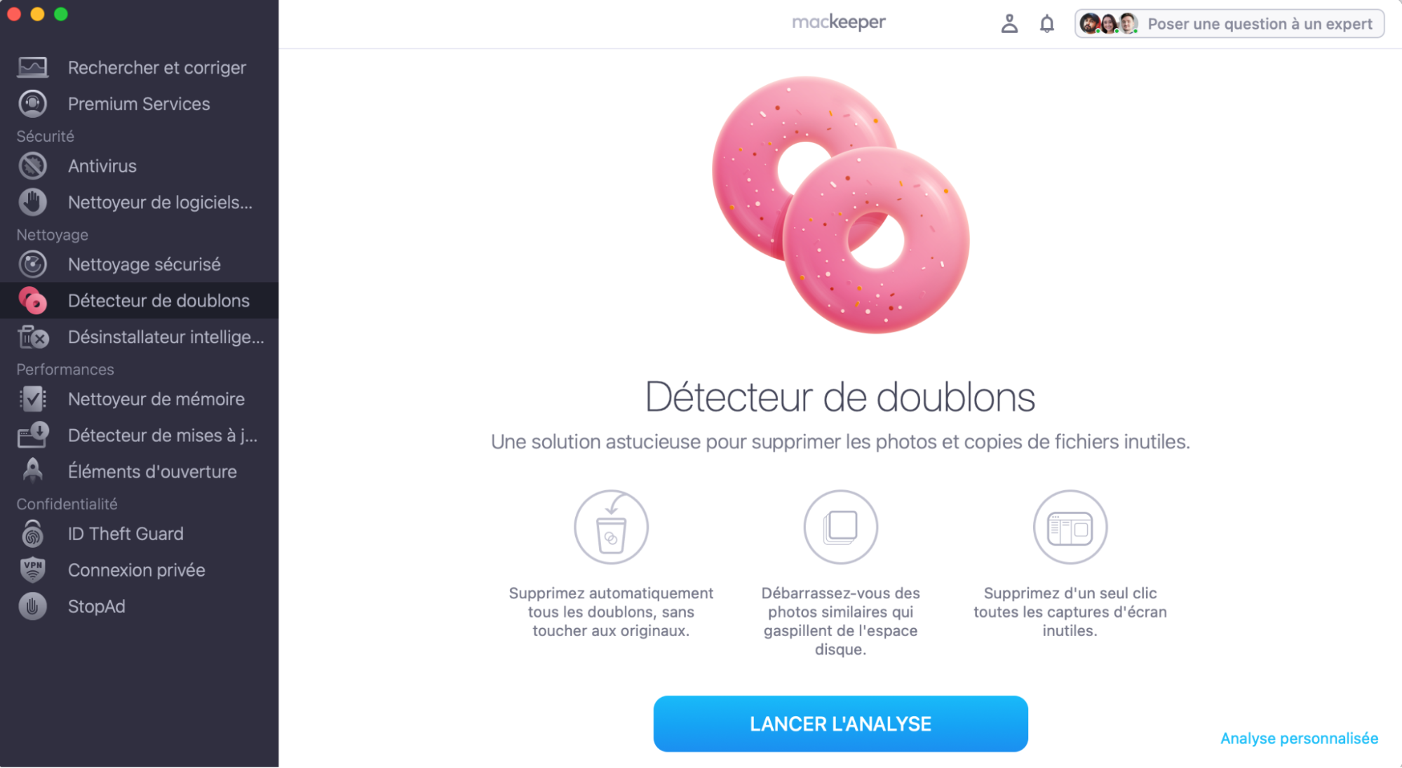 Pour supprimer des photos en double et réduire le temps de téléchargement, ouvrez MacKeeper et sélectionnez le Détecteur de doublons dans la barre latérale. Cliquez ensuite sur Lancer l’analyse.