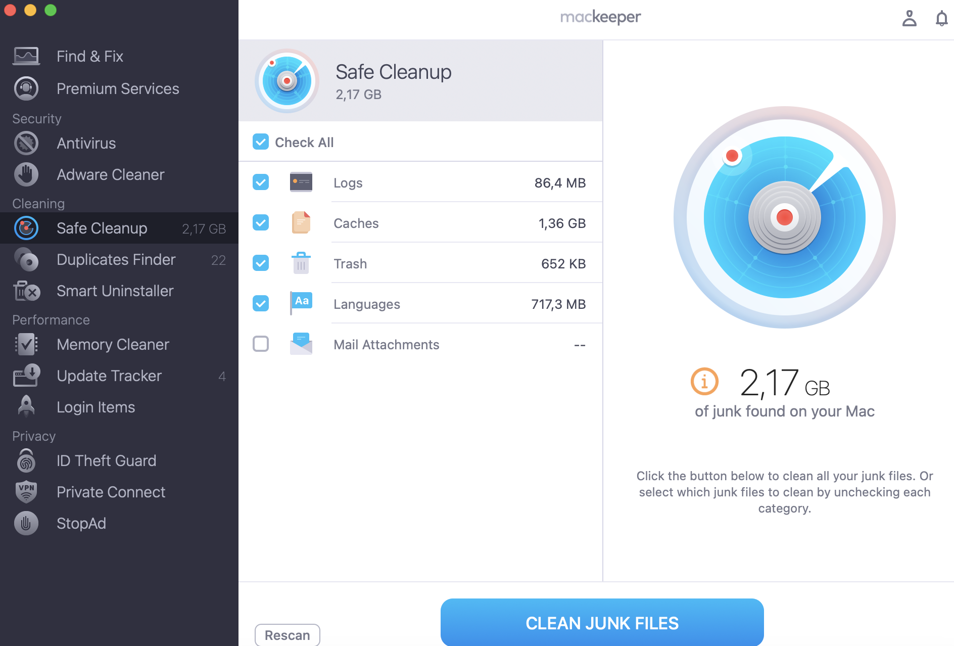 Review the results in MacKeeper Safe Cleanup, select the unnecessary files you want gone, then click Clean Junk Files to remove them and reclaim your storage.