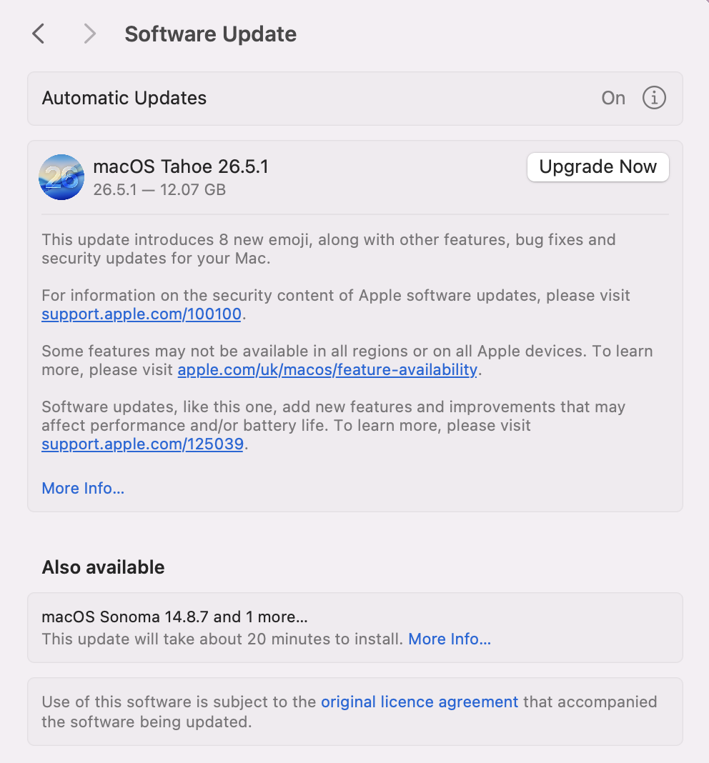 If an update or upgrade is pending on your Mac, you’ll see a new version listed with a button next to it. Click on Upgrade or Update Now to see if this helps fix your current avconferenced issues.