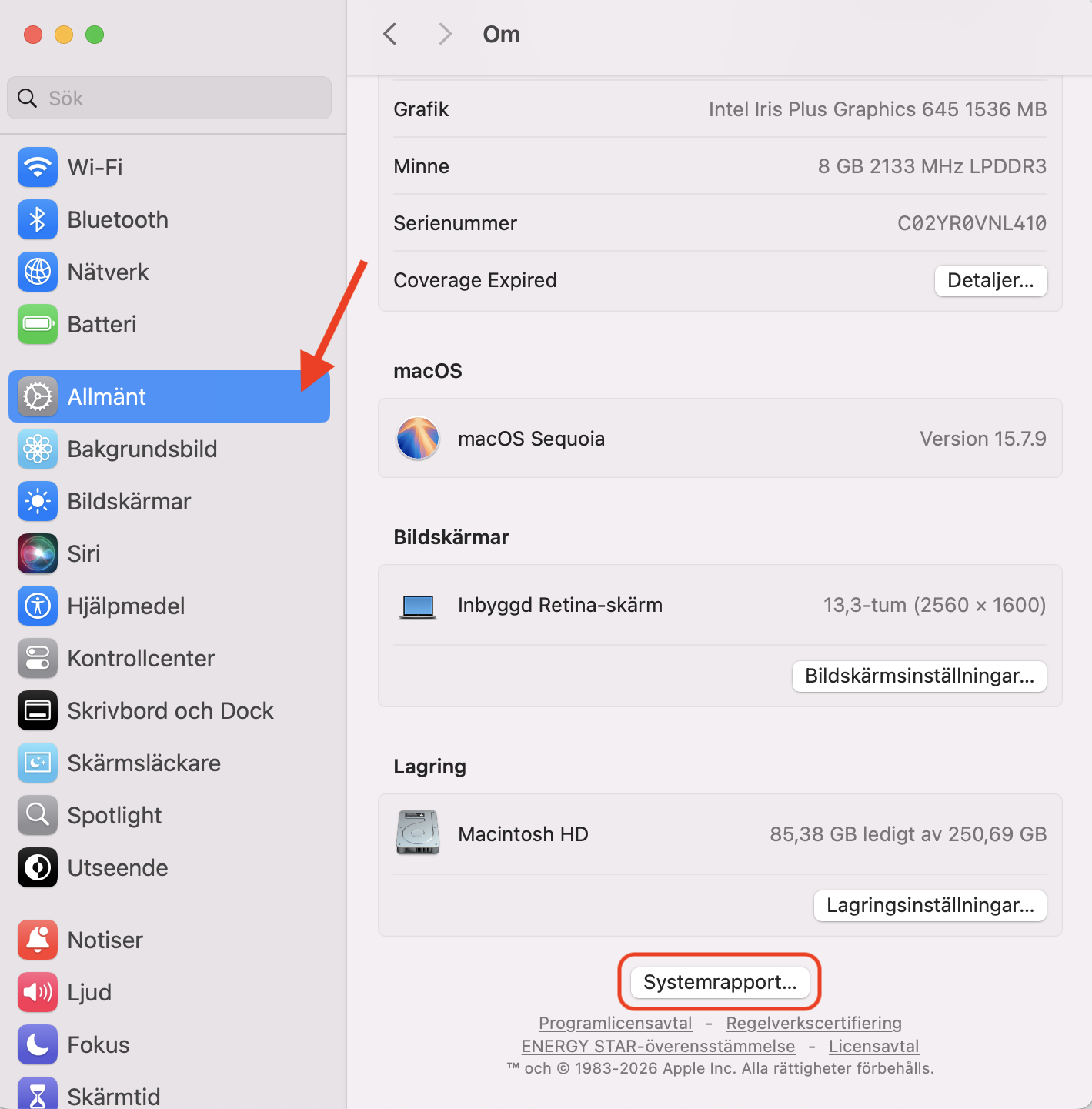 Menyn Allmänt i appen Inställningar på Mac. Om din externa hårddisk inte känns igen på Mac, kontrollera Systemrapporten för att se om enheten upptäcks