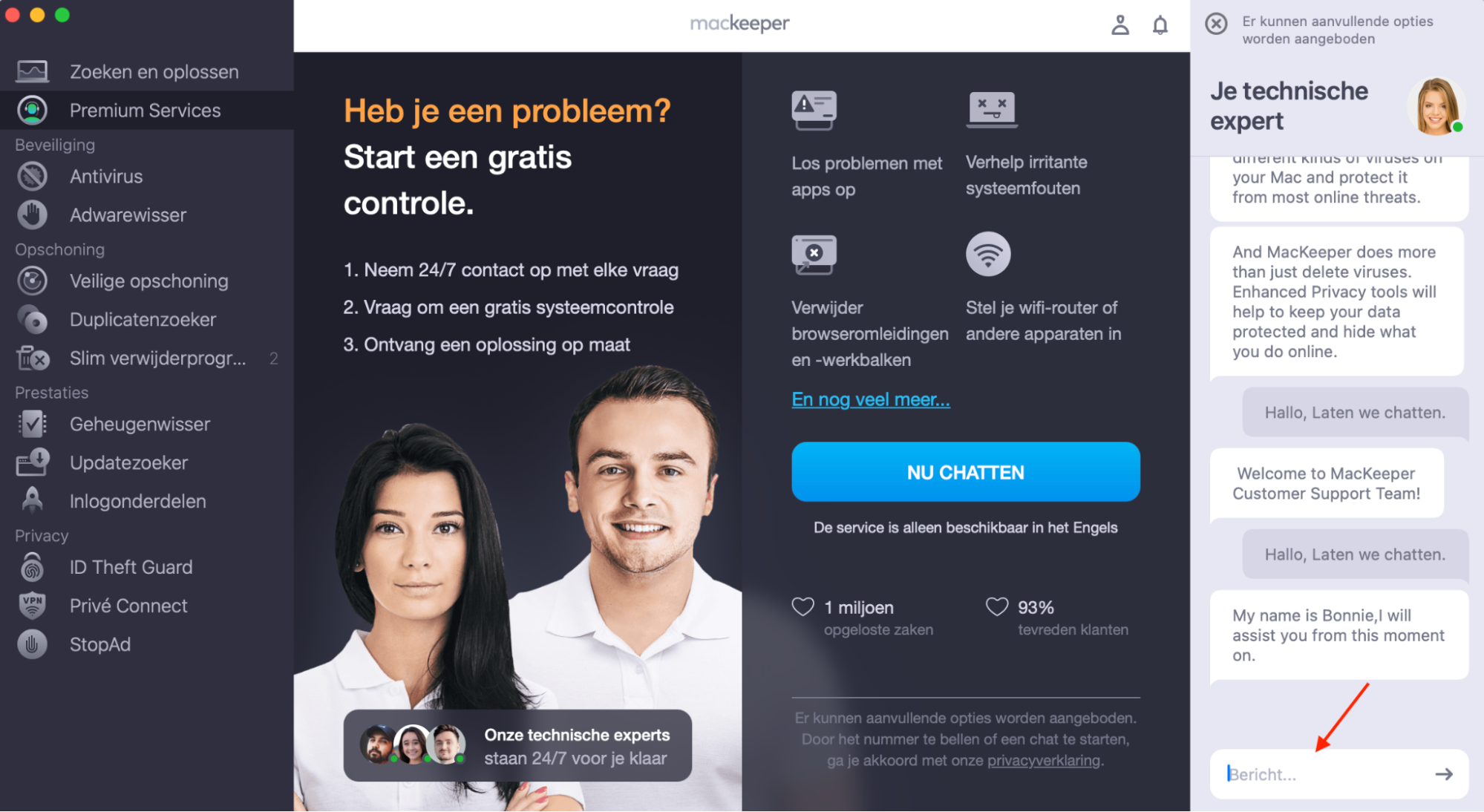 MacKeeper op de Mac toont het scherm Premium Services. Beschrijf je probleem in detail om professionele ondersteuning te krijgen.