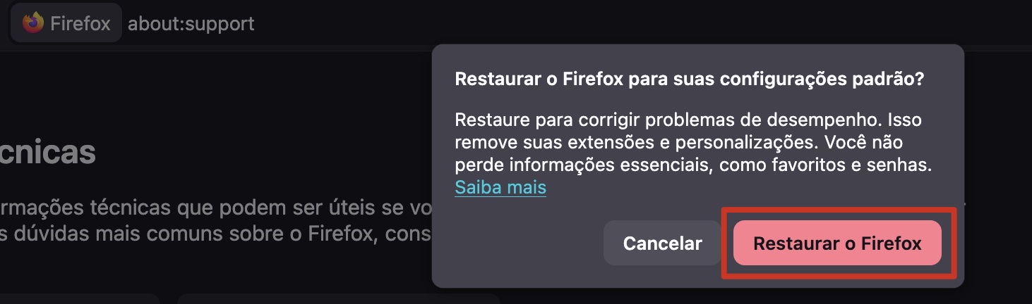 Por fim, para concluir a redefinição do Firefox no seu MacBook, confirme sua intenção clicando em Restaurar o Firefox.