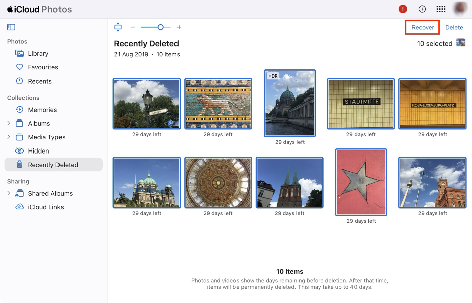 To restore pictures from your iCloud, select the photos to recover, then click Recover.