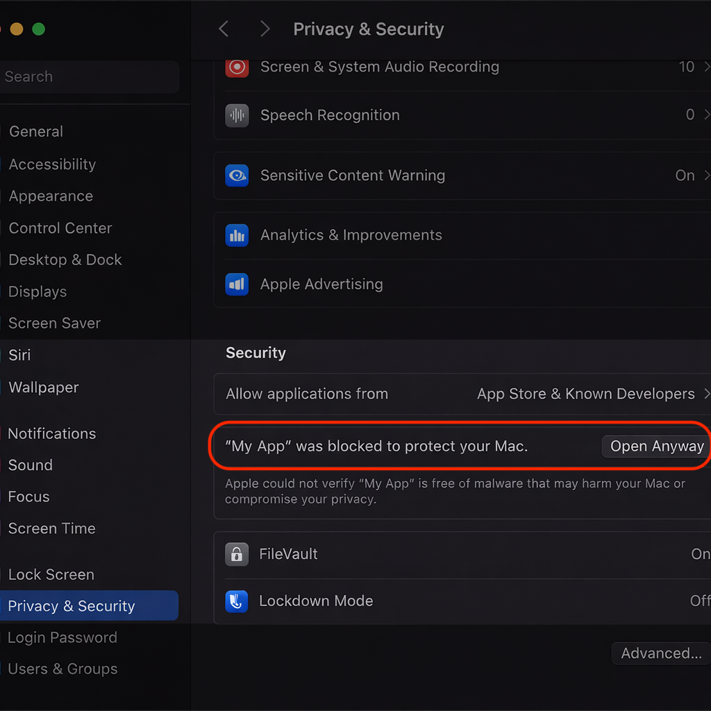 Clicking Open Anyway under the Security section of Privacy & Security in macOS overrides the app is damaged warning on a MacBook.