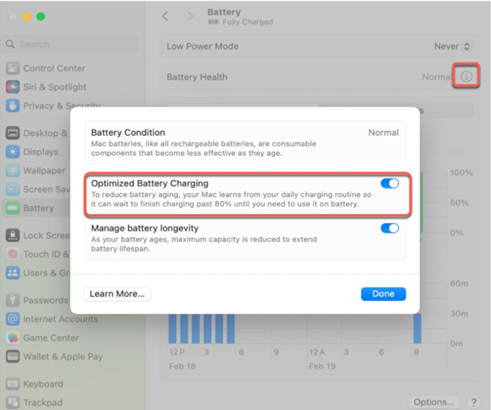 In System Preferences, click the Battery icon and enable Optimized Battery Charging to make your laptop restart charging.