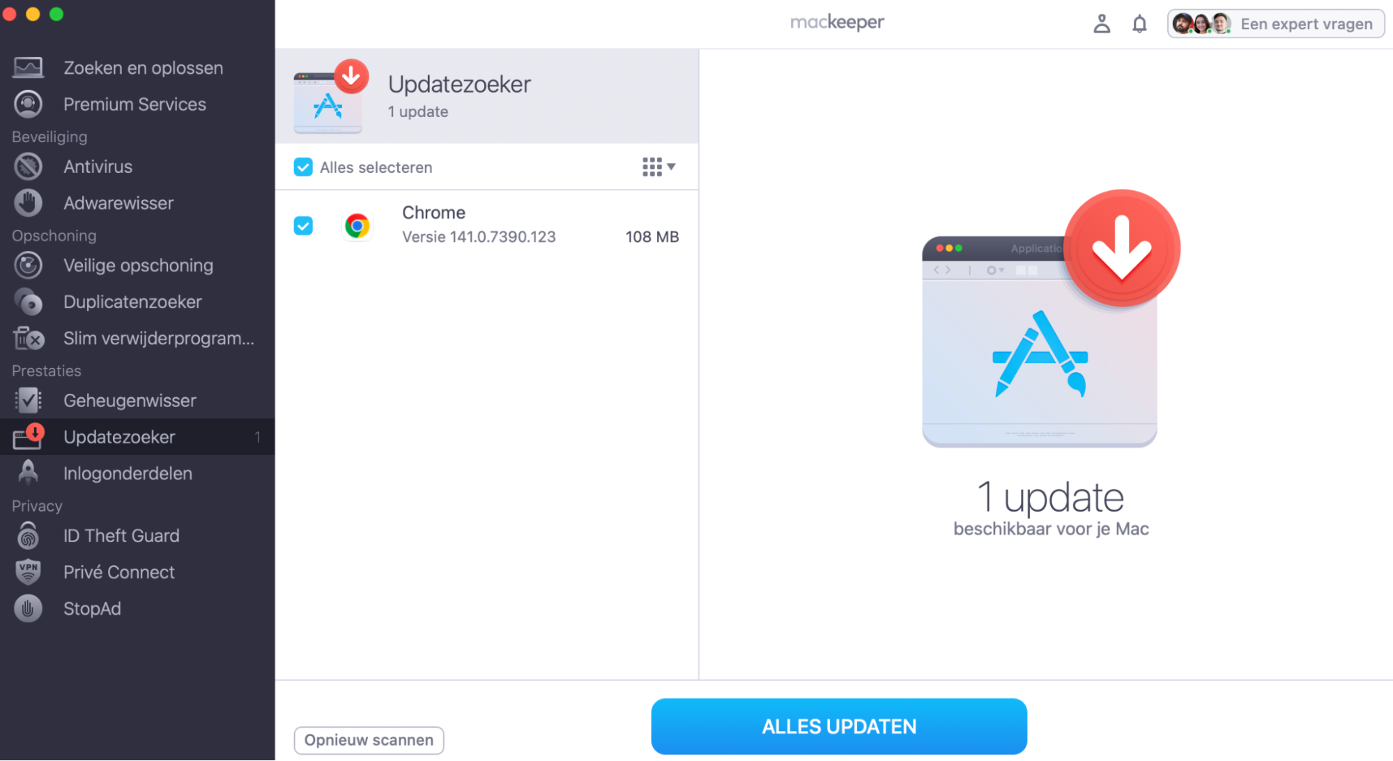 De Update Tracker van MacKeeper toont een lijst met apps die een update nodig hebben. Vink de apps aan die je wilt bijwerken en klik op Update.