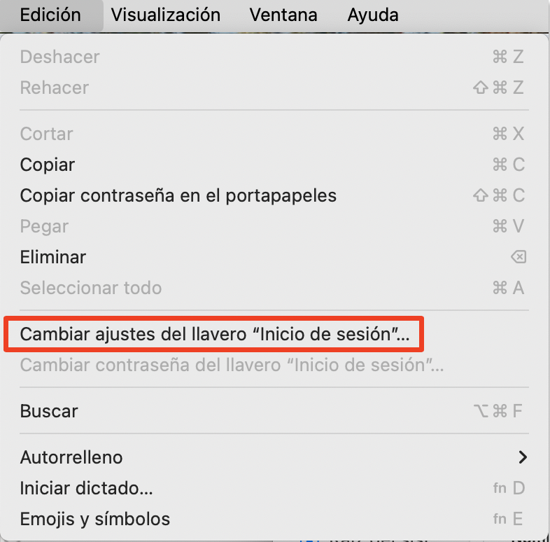 El menú Edición en la aplicación Acceso a Llaveros en un Mac. Cómo arreglar Servicio de Cuentas quiere usar el llavero de acceso.