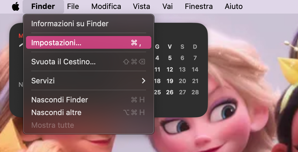 Mostra le icone nascoste sulla Scrivania del Mac. Per farlo, clicca su Finder nel Dock, vai alla barra dei menu in cima alla schermata e seleziona Finder > Impostazioni > Generali.