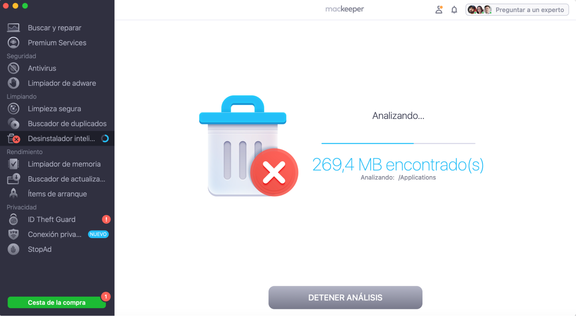 El Desinstalador inteligente de MacKeeper está analizando tu Mac. Espera hasta que finalice el análisis.