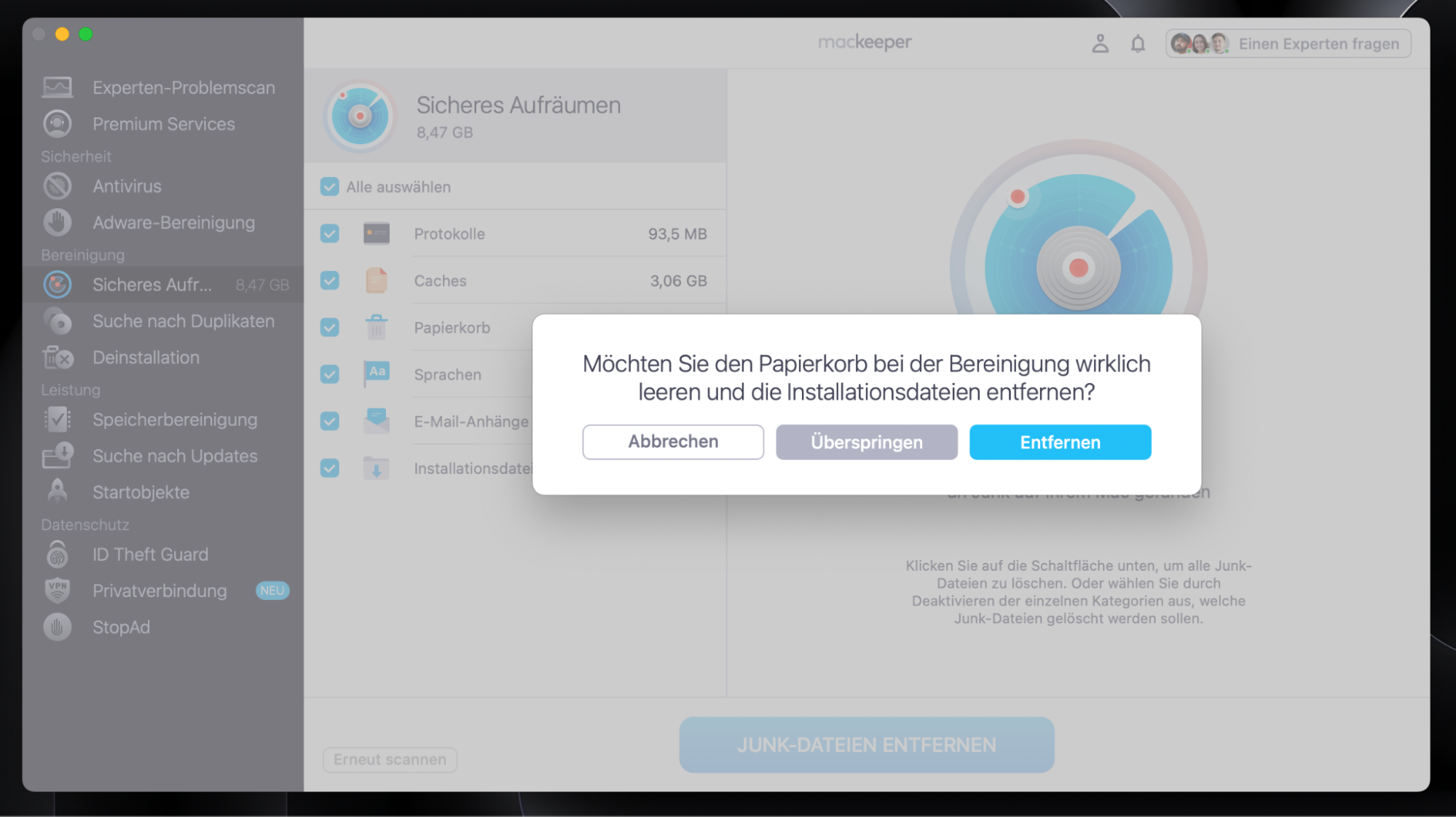 Um den Papierkorb zu leeren und Installationsdateien während des Bereinigungsvorgangs zu entfernen, klicken Sie in einem Dropdown-Fenster auf Entfernen.