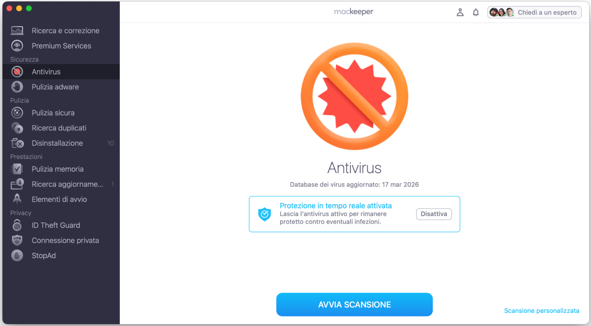 Usando l’Antivirus di MacKeeper, puoi identificare facilmente malware e virus presenti sul tuo Mac, rimuoverli ed evitare che il computer si spenga improvvisamente. Dopo aver selezionato Antivirus nella nostra app, fai clic su Avvia scansione.