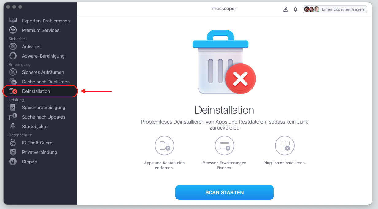 Um alle unnötigen Dateien, Apps und anderen unerwünschten Inhalte von Ihrem Mac zu löschen, verwenden Sie Deinstallation von MacKeeper. Öffnen Sie die App, gehen Sie zu Deinstallation und klicken Sie auf Scan starten.