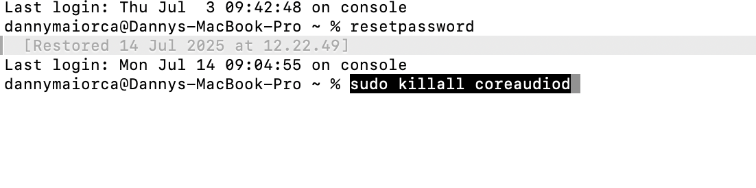To restart the daemon via Terminal, you'll need to open the app. After doing this, type sudo killall coreaudiod and hit the Enter key to restart the process.