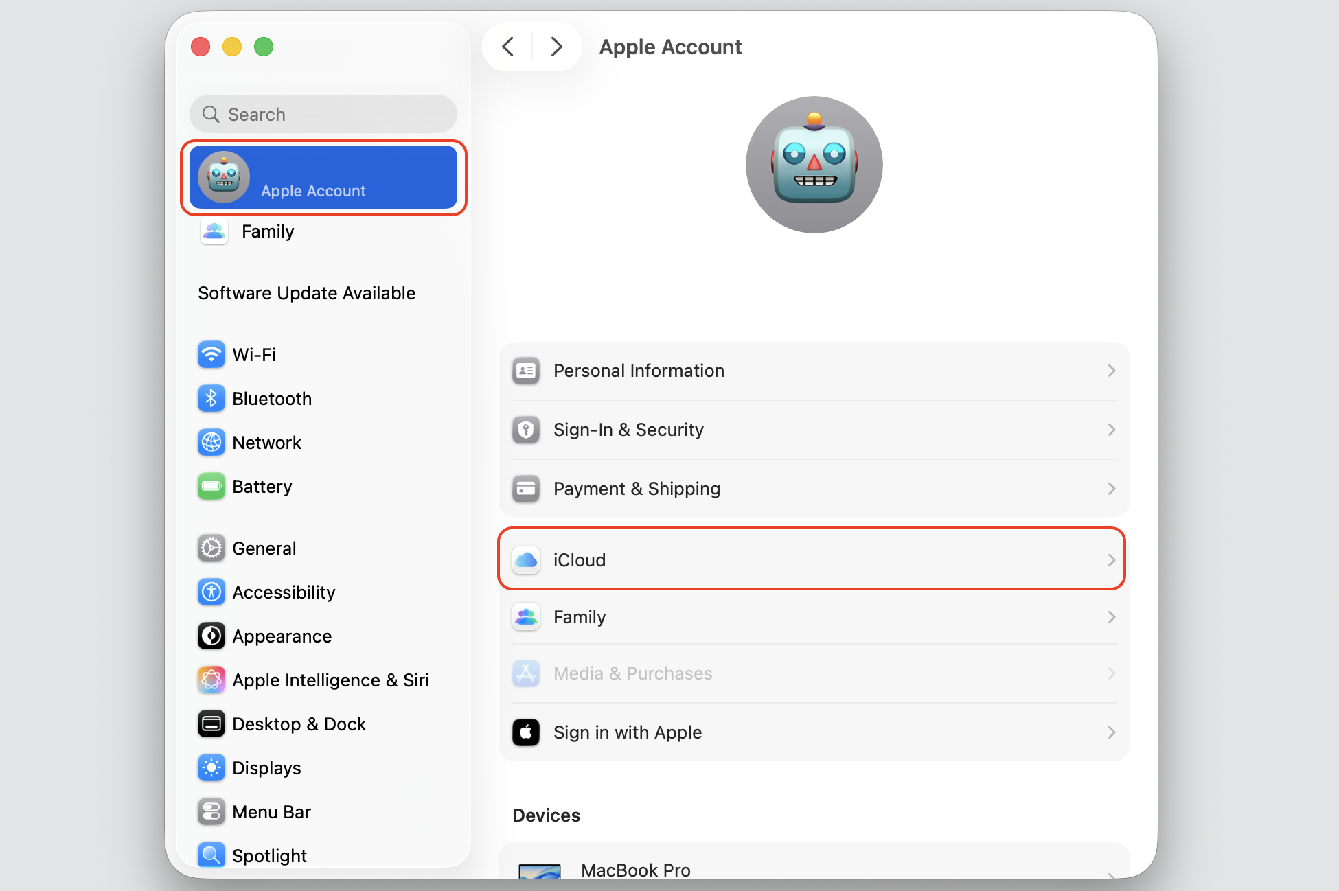 macOS System Settings on an iMac showing the Apple Account pane, where you select your name at the top and then choose the iCloud option.
