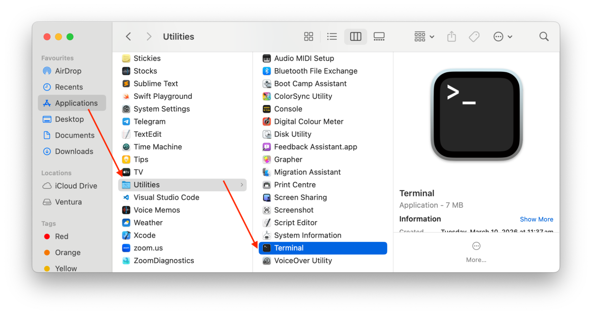 A Finder window showing the Utilities subfolder inside the Applications folder. The Terminal app is selected and highlighted in blue in the middle column.