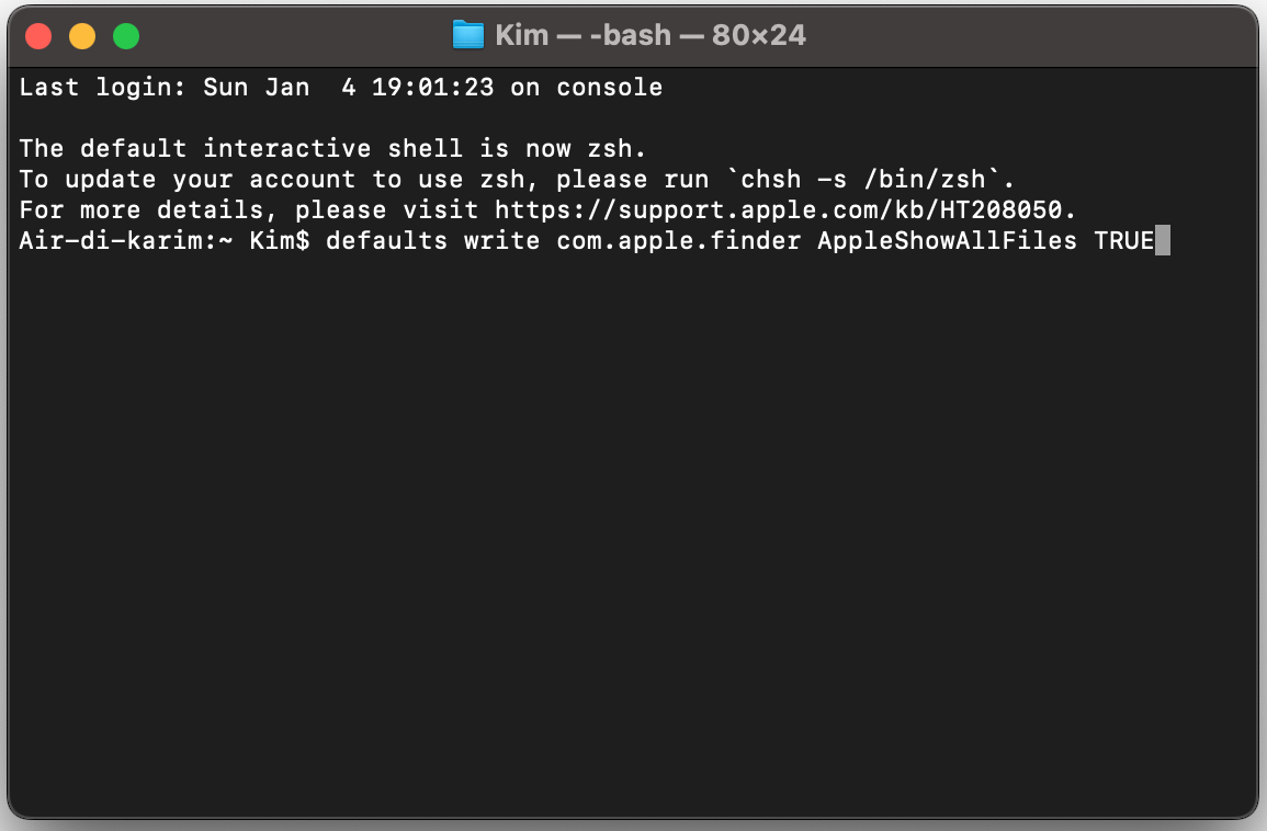 Per sbloccare ancora più file nascosti sul tuo MacBook, apri il Terminale e digita il seguente comando: defaults write com.apple.finder AppleShowAllFiles TRUE
