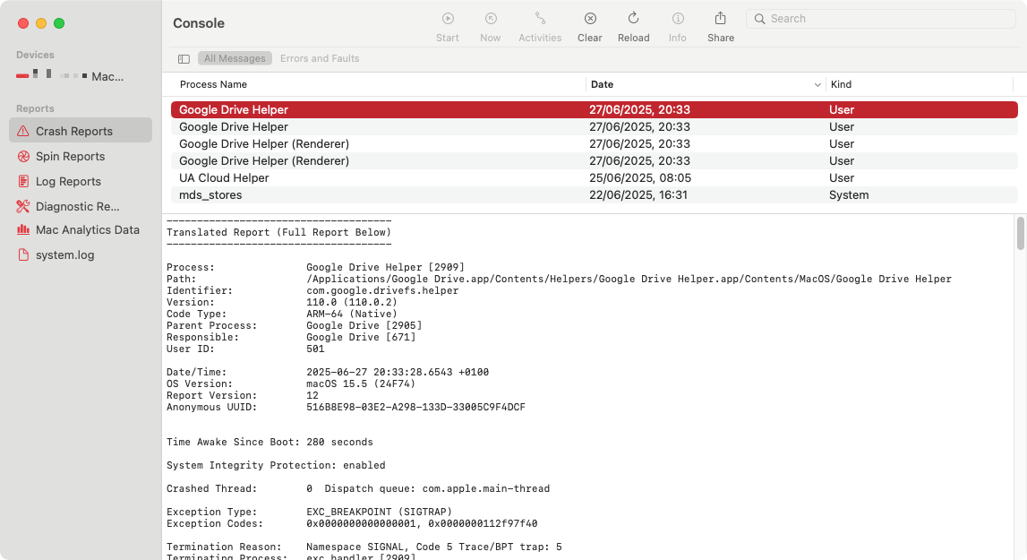 When apps crash on your Mac, macOS should keep a track of what went wrong. You can access the records from the Console tool, found in Applications > Utilities.