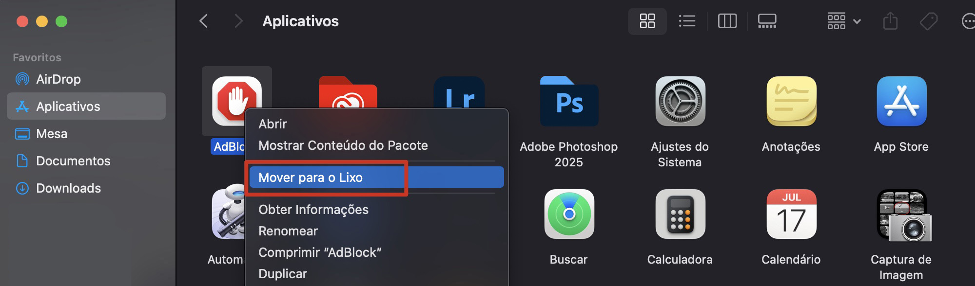 A pasta Aplicativos no Finder do Mac. Você pode remover aplicativos não utilizados a partir daqui para liberar espaço no Mac.