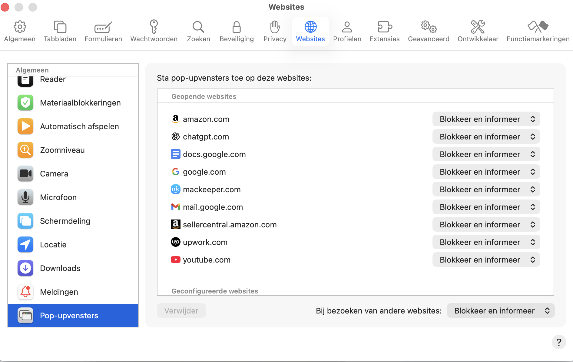 Selecteer in de Safari-instellingen Websites > Pop-upvensters. Hier kun je zien welke pop-ups momenteel zijn geblokkeerd of toegestaan.
