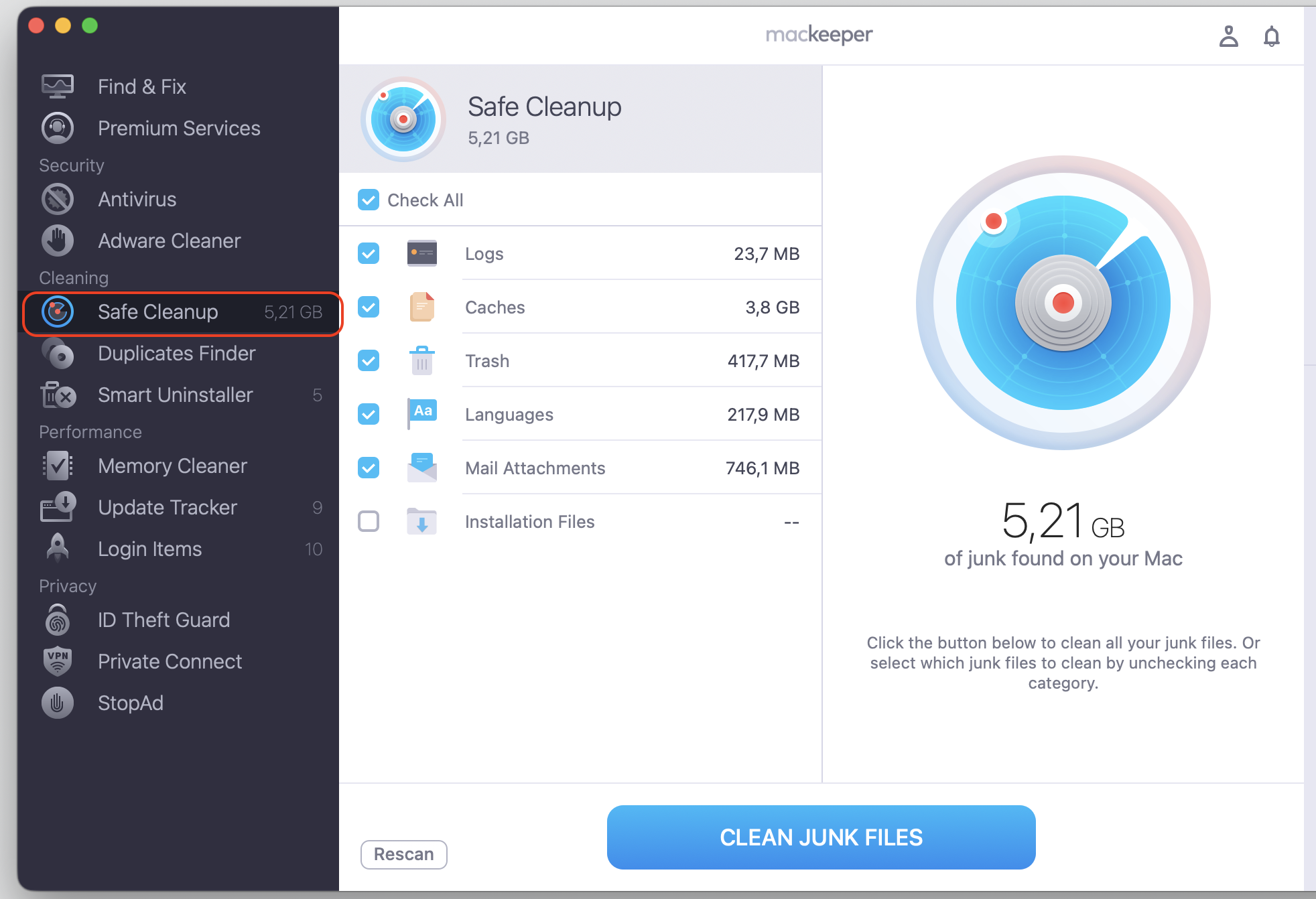 MacKeeper's Safe Cleanup tab on a Ventura MacBook showing logs and cache junk files, with the Clean Junk Files button highlighted.