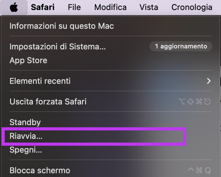 Nel menu Apple a tendina è selezionata l’opzione Riavvia, il modo più semplice per risolvere un malfunzionamento del Bluetooth.