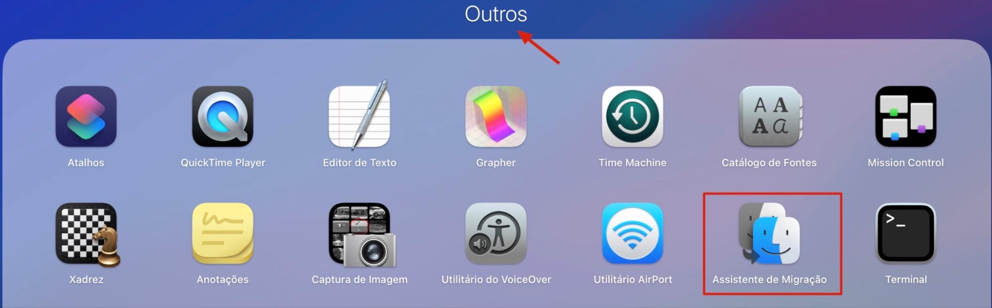 Para usar o Assistente de Migração para transferir conteúdo de um Mac para outro, abra o aplicativo no seu novo Mac na pasta Outros do Launchpad.